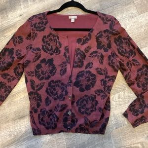 j.jill Women’s Medium Button Front Cardigan Maroon With Black Flowers Soft